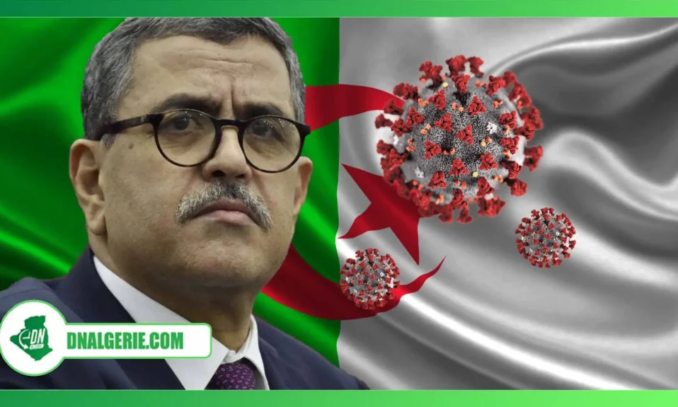 Montage : Djerad sur fond de drapeau algérien, Coronavirus en sol algérien, Covid-19 en Algérie