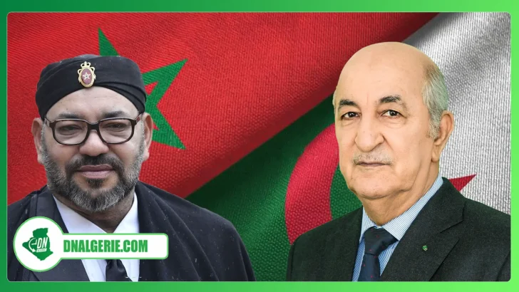 Montage : Mohammed VI et Abdelmadjid Tebboune sur fond de drapeau d'Algérie et du Maroc, Guerguerat Maroc