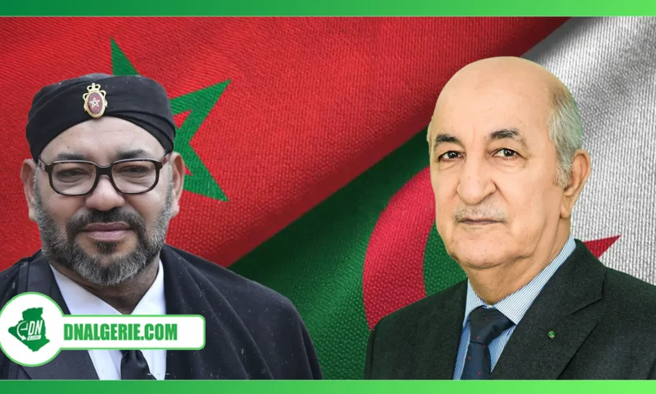 Montage : Mohammed VI et Abdelmadjid Tebboune sur fond de drapeau d'Algérie et du Maroc, Guerguerat Maroc