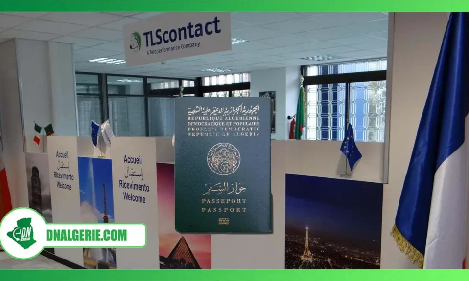 Montage : passeport algérien, sur fond d'un centre TLS Contact en Algérie. Visas Schengen pour la France
