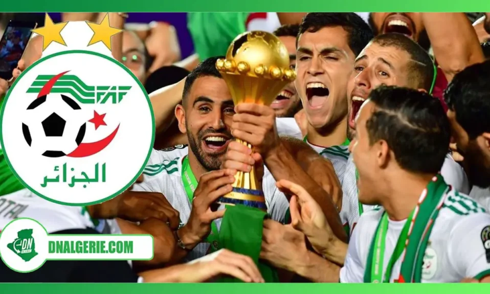 Montage : FAF logo, sur fond de joueurs de l'équipe algérienne de football