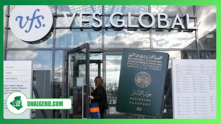 Montage : un passeport algérien, avec comme arrière plan le siège social de VFS Global, Algérie, Visas pour la France