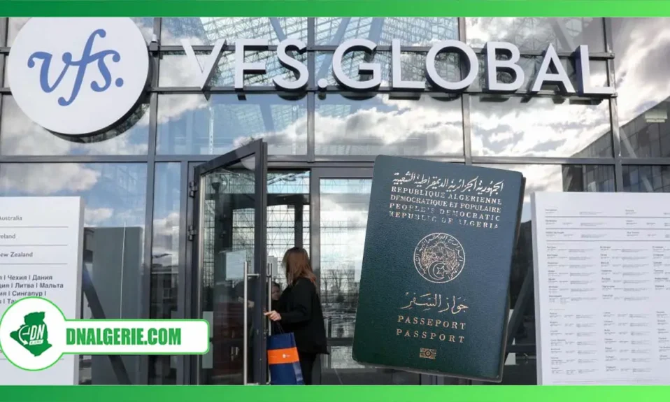 Montage : un passeport algérien, avec comme arrière plan le siège social de VFS Global, Algérie, Visas pour la France