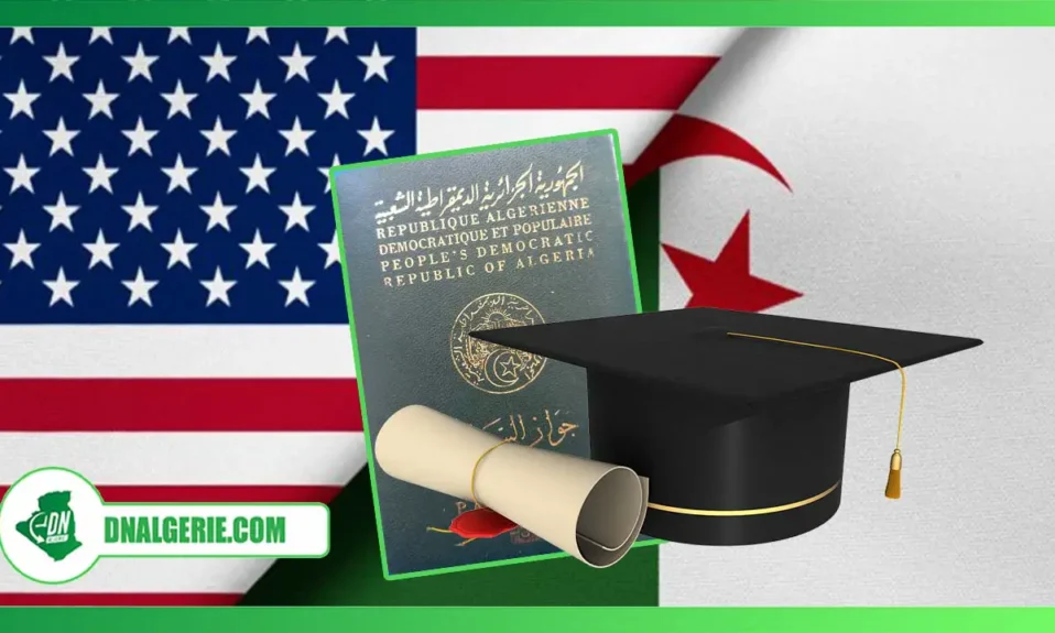 Montage : passeport algérien-diplôme- drapeau Algérie États-Unis, visas États-Unis pour les étudiants algériens