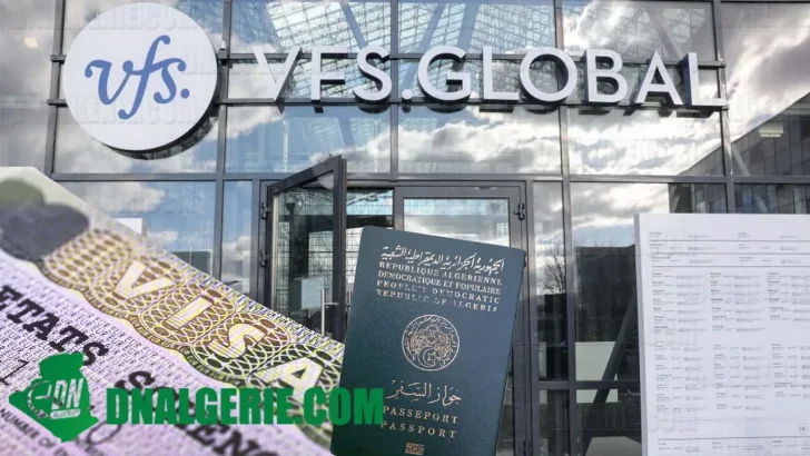 Montage : visa Schengen, passeport algérien, siège VFS Global,