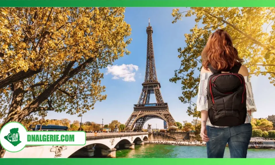 Montage : étudiante sur fond de la Tour Eiffel, étudiants algériens en France